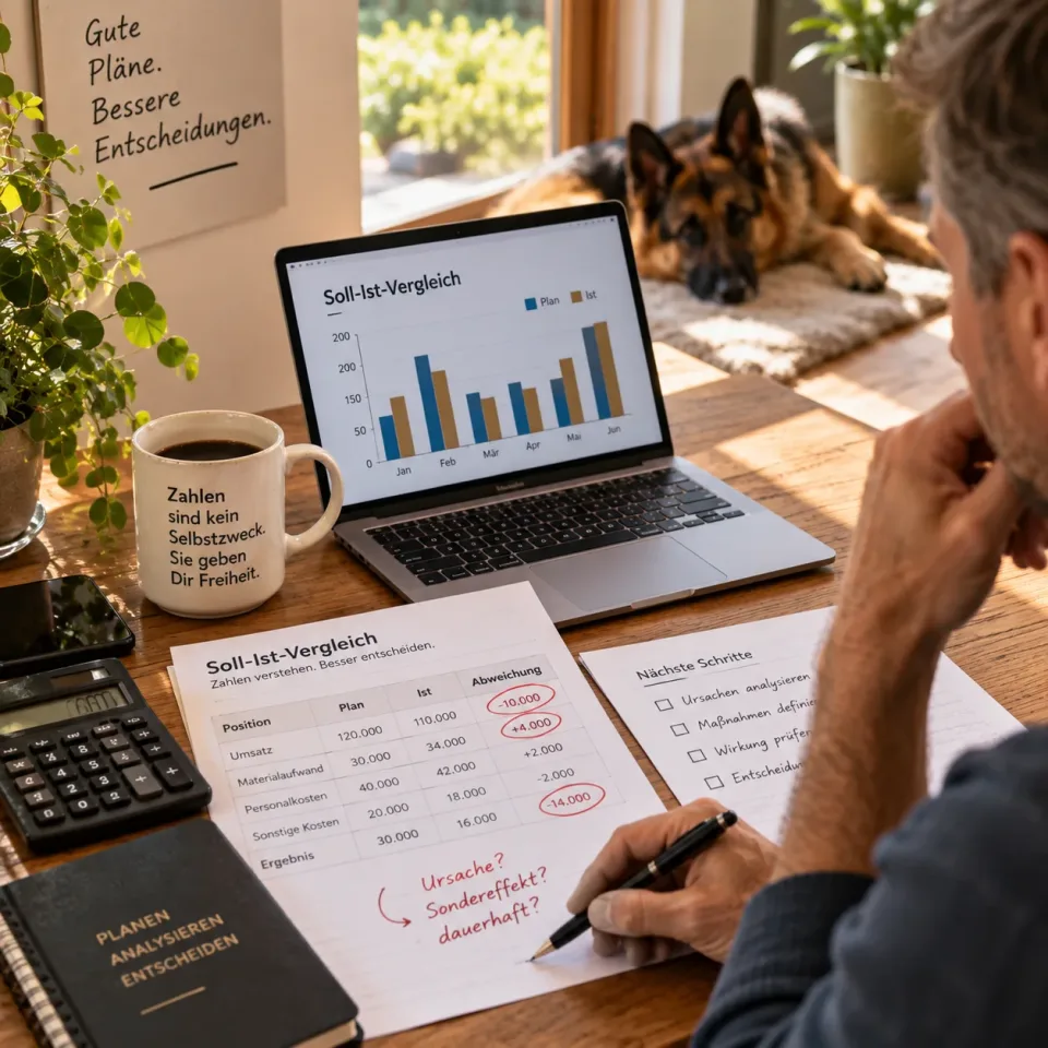 Ein Unternehmer prüft am Tisch einen ausgedruckten Soll-Ist-Vergleich. In der Tabelle sind die Abweichungen von minus 10.000 Euro beim Umsatz und minus 14.000 Euro beim Ergebnis rot eingekreist, daneben steht handschriftlich: Ursache? Sondereffekt? dauerhaft? Rechts liegt eine Liste mit den nächsten Schritten — Ursachen analysieren, Maßnahmen definieren, Wirkung prüfen, Entscheidung. Auf dem Laptop ein Balkendiagramm mit Plan- und Ist-Werten über sechs Monate, im Hintergrund liegt ein Schäferhund in der Sonne.