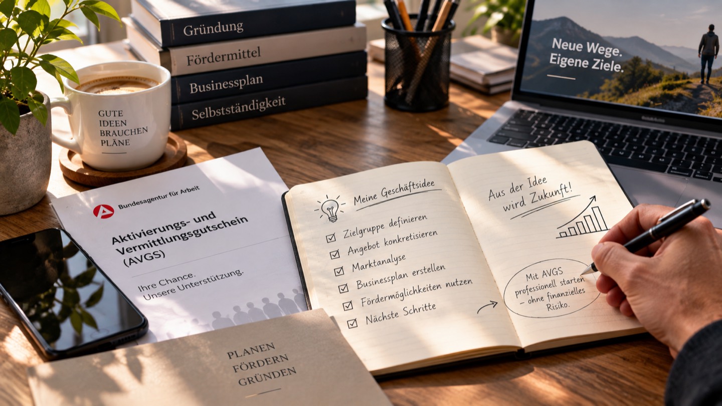 Schreibtisch mit aufgeschlagenem Notizbuch: eine handschriftliche Checkliste zur eigenen Geschäftsidee wird abgehakt, daneben Fachbücher zu Gründung, Fördermitteln und Businessplan, eine Kaffeetasse, Unterlagen und ein Laptop