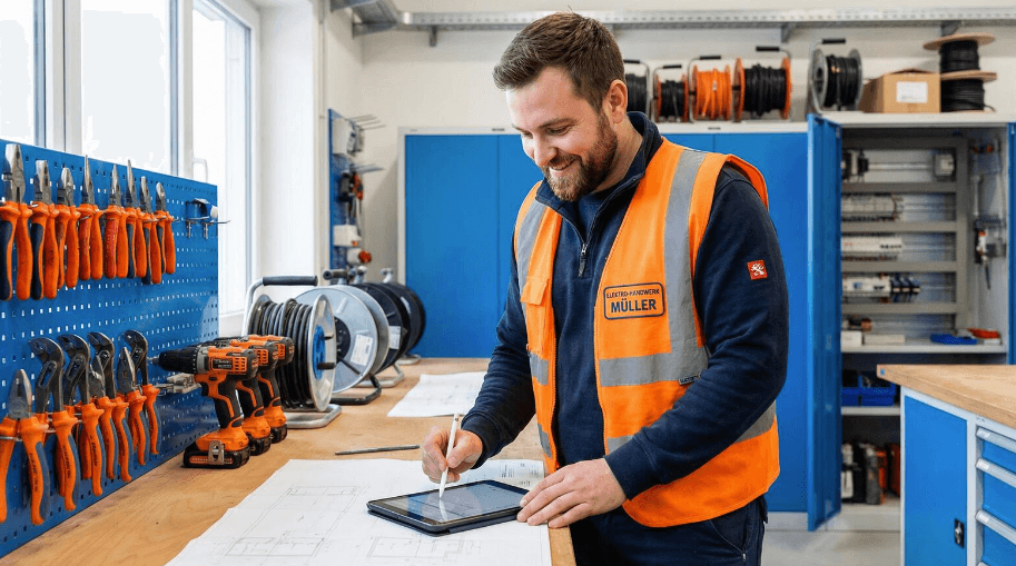 Elektriker kalkuliert Umsatz und Stundensatz in moderner Werkstatt