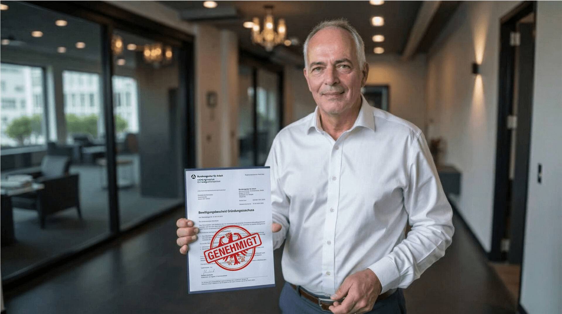Torsten Schrimper mit einem Bewilligungsbescheid zum Gründungszuschuss