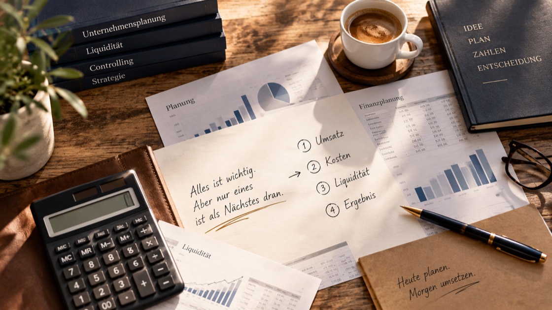 Schreibtisch mit Unterlagen zur Unternehmensplanung: ein handschriftlich beschriebenes Blatt mit den Punkten Umsatz, Kosten, Liquidität und Ergebnis, daneben Taschenrechner, Finanzplanung, Kaffeetasse und Fachbücher