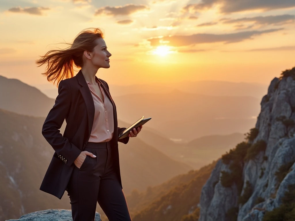 Existenzgründerin auf dem Weg zum Erfolg: Eine selbstbewusste Frau steht auf einem Berggipfel bei Sonnenaufgang, symbolisiert Mut und Innovation im Unternehmertum